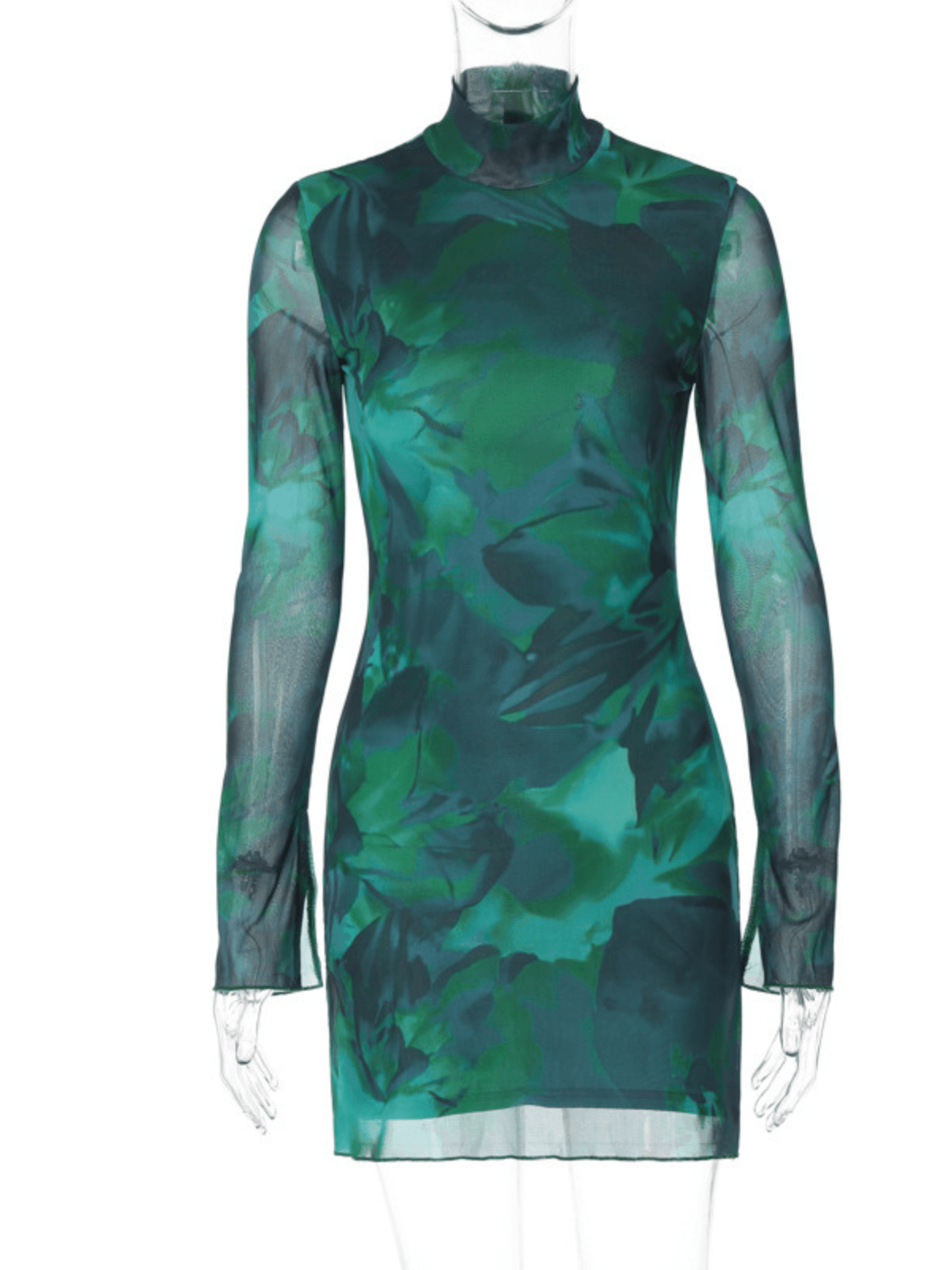 Abstract Print Mesh Long Sleeve Bodycon Mini Dress