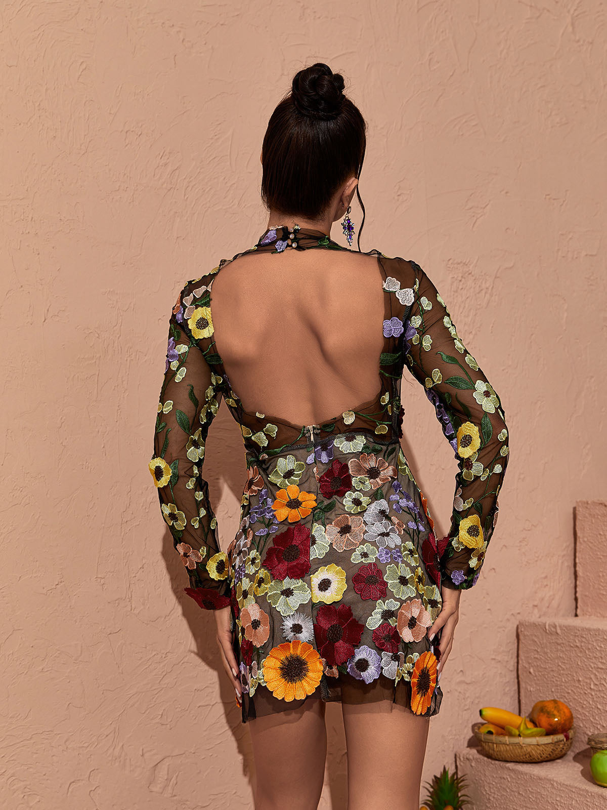 Floral Applique Mesh High Neck Long Sleeve Mini Dress