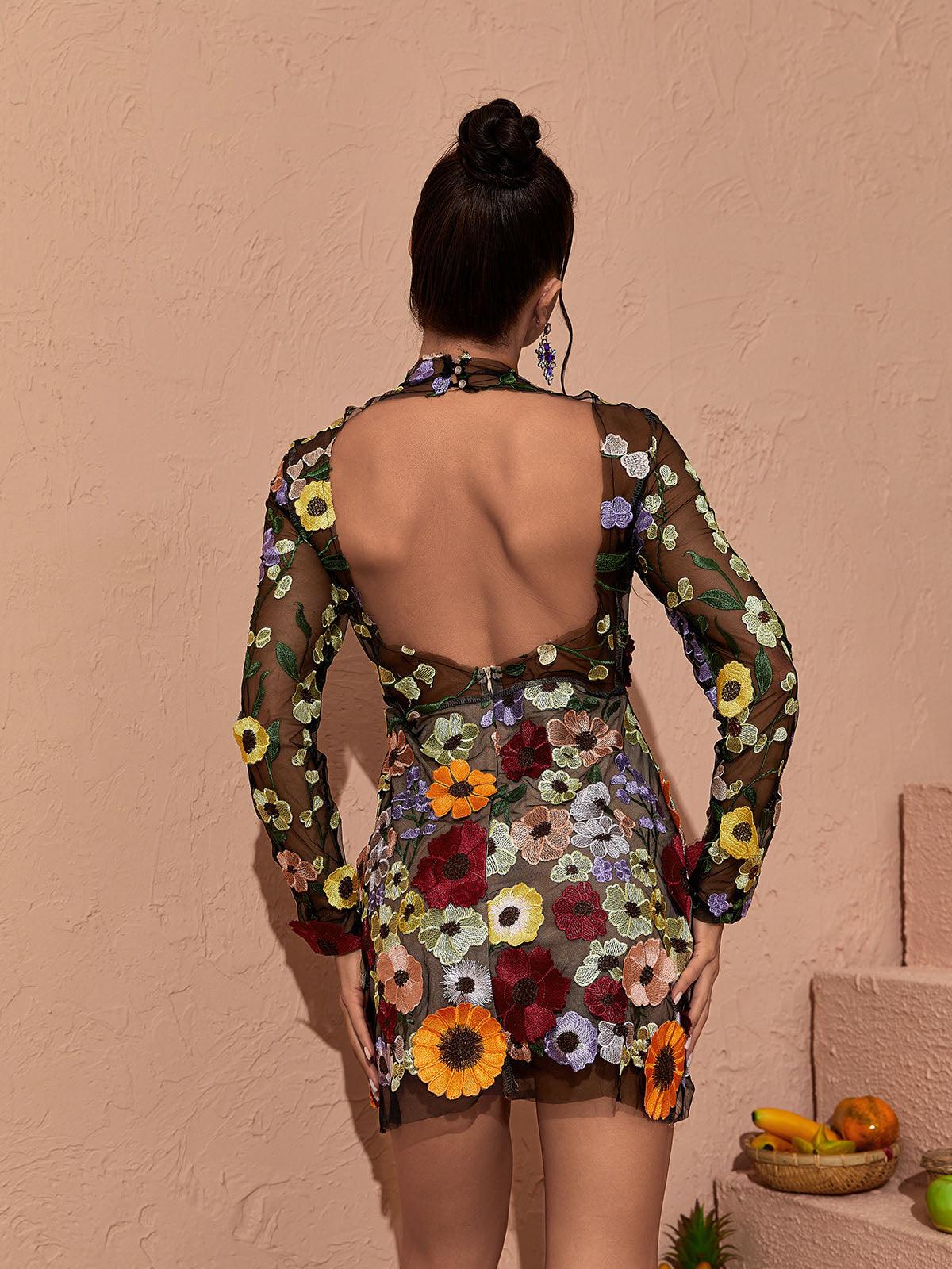 Floral Applique Mesh High Neck Long Sleeve Mini Dress