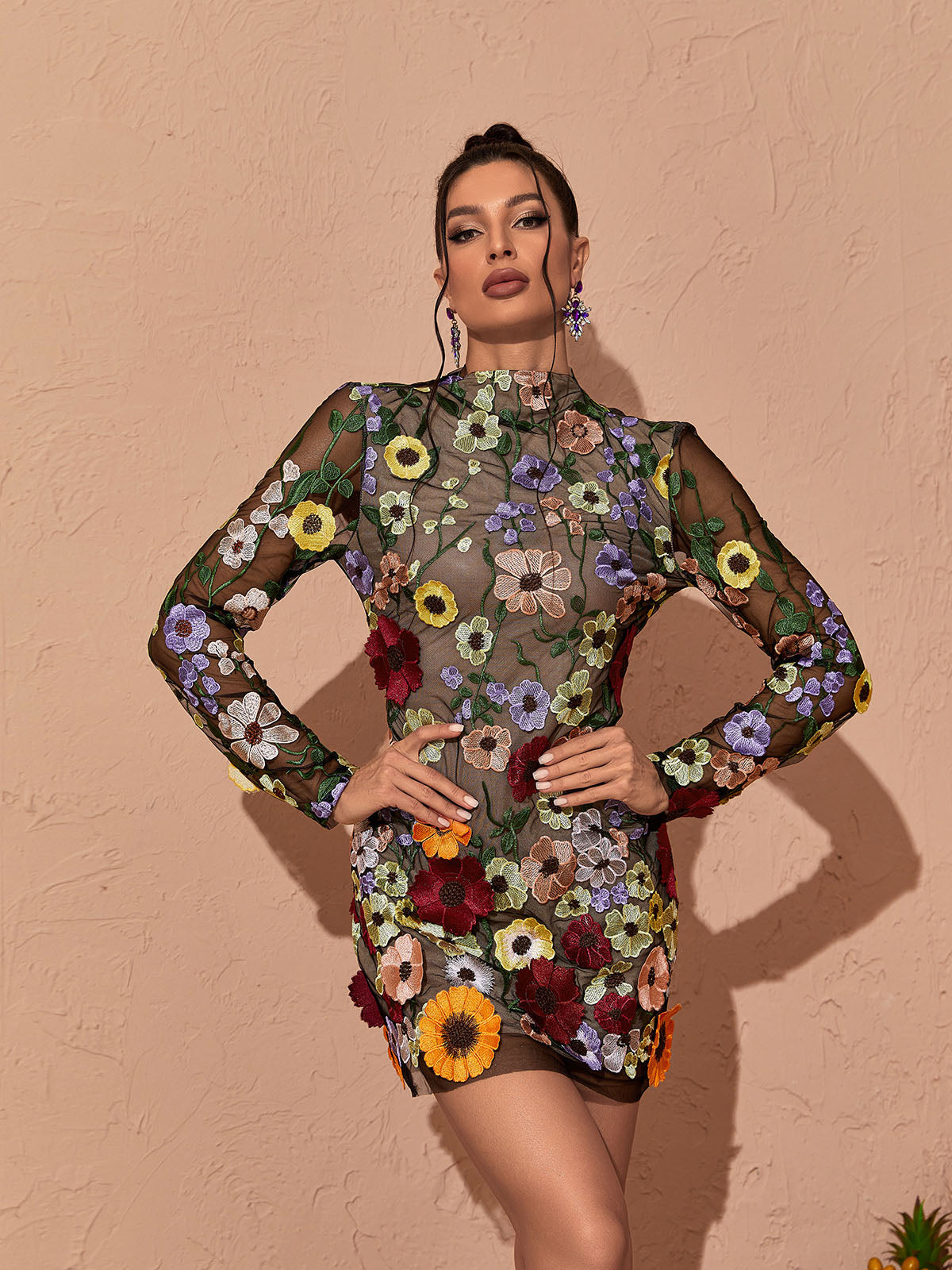 Floral Applique Mesh High Neck Long Sleeve Mini Dress