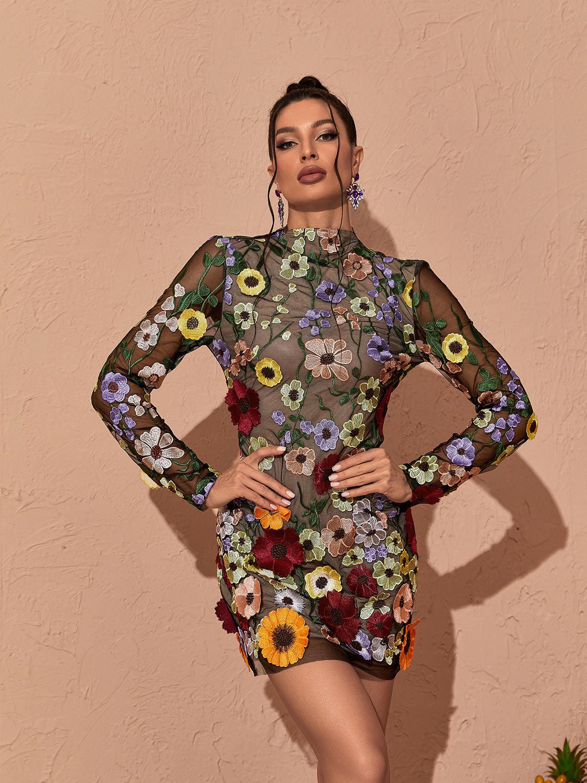 Floral Applique Mesh High Neck Long Sleeve Mini Dress