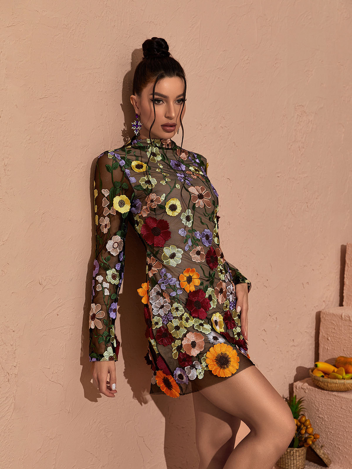 Floral Applique Mesh High Neck Long Sleeve Mini Dress