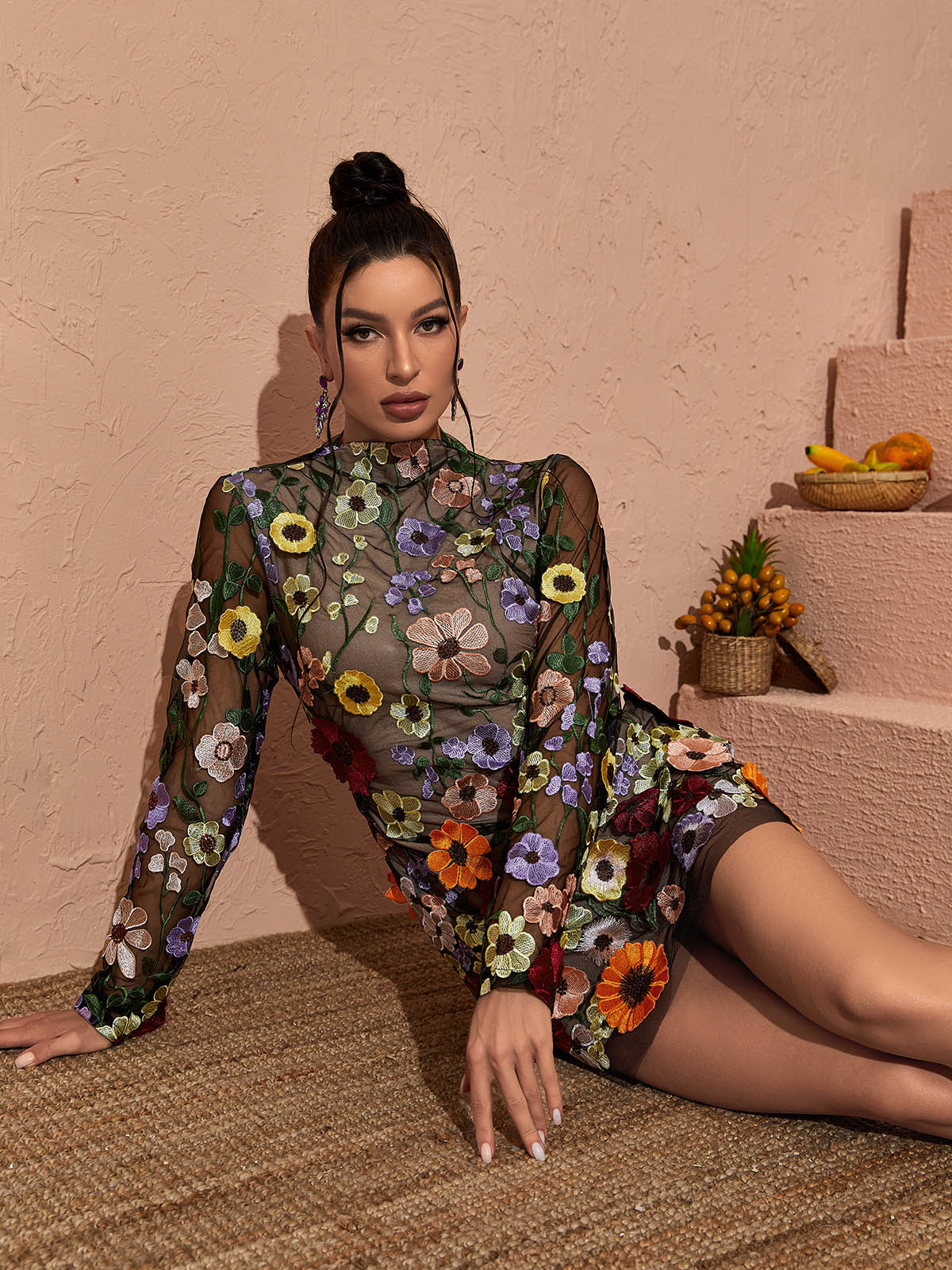 Floral Applique Mesh High Neck Long Sleeve Mini Dress