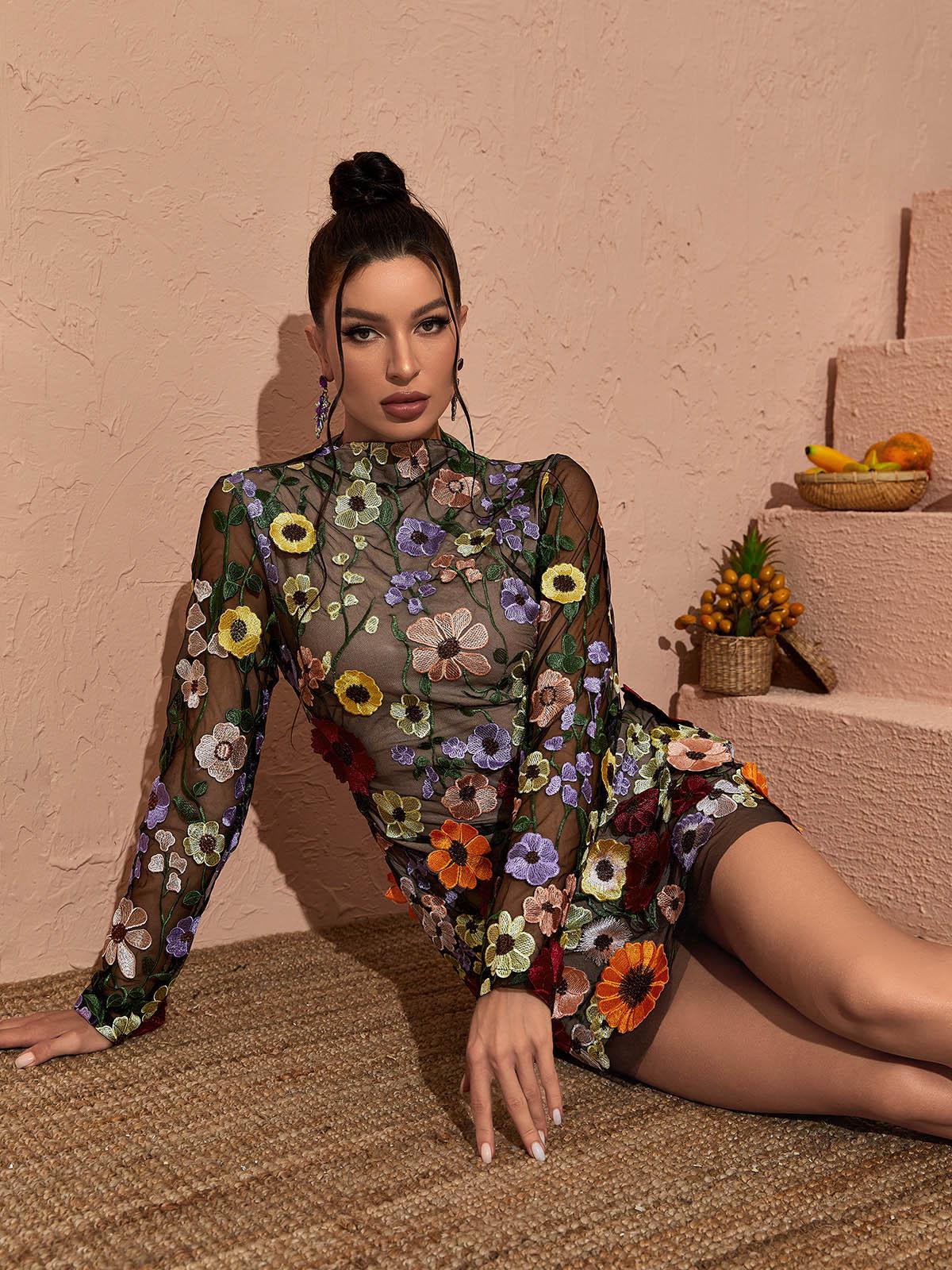 Floral Applique Mesh High Neck Long Sleeve Mini Dress