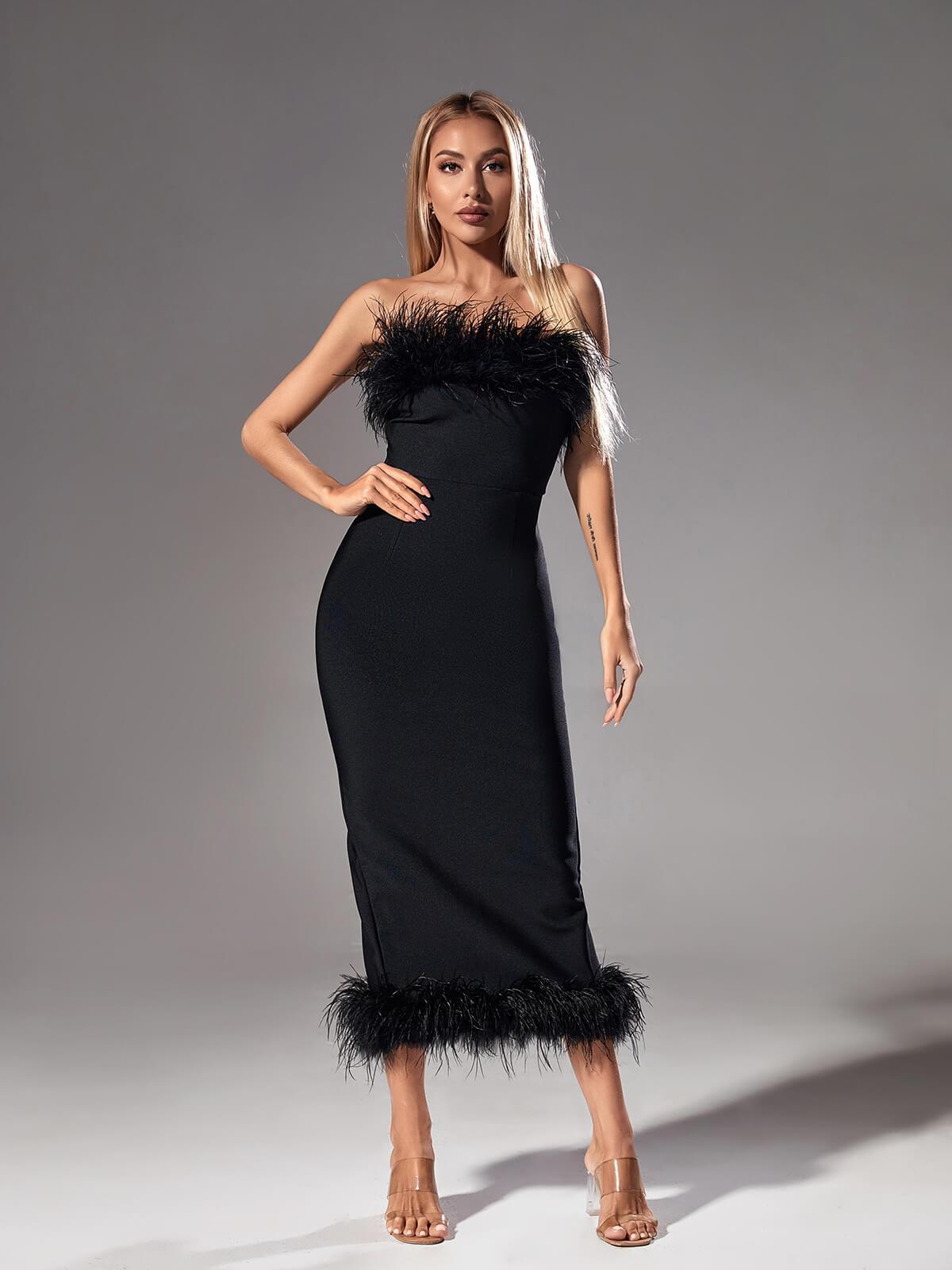 Feather Trim Strapless Bandage Maxi Dress