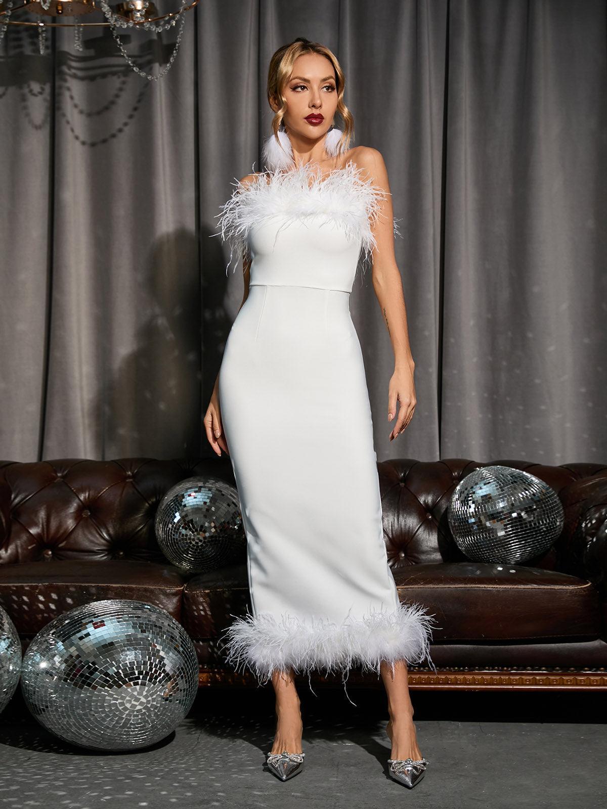 Salome Strapless Feather Trimmed Bandage Dress In White 3