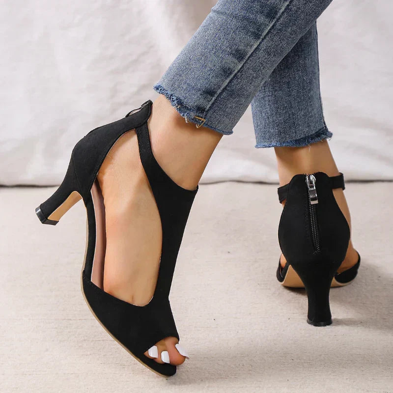 Suede Look Peep Toe Cut Out Block Heel Sandals
