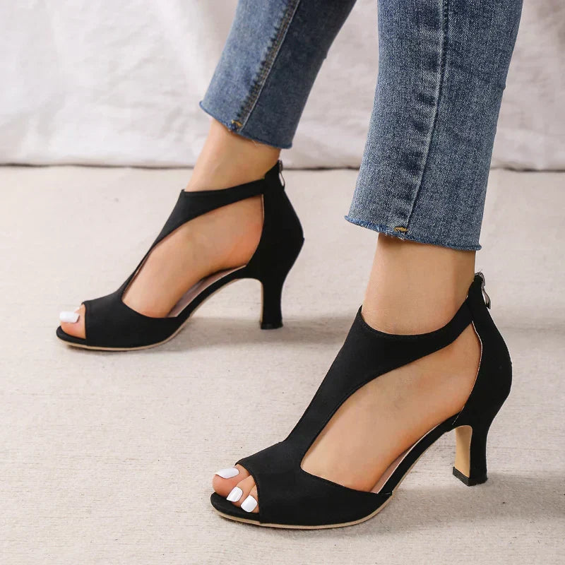 Suede Look Peep Toe Cut Out Block Heel Sandals