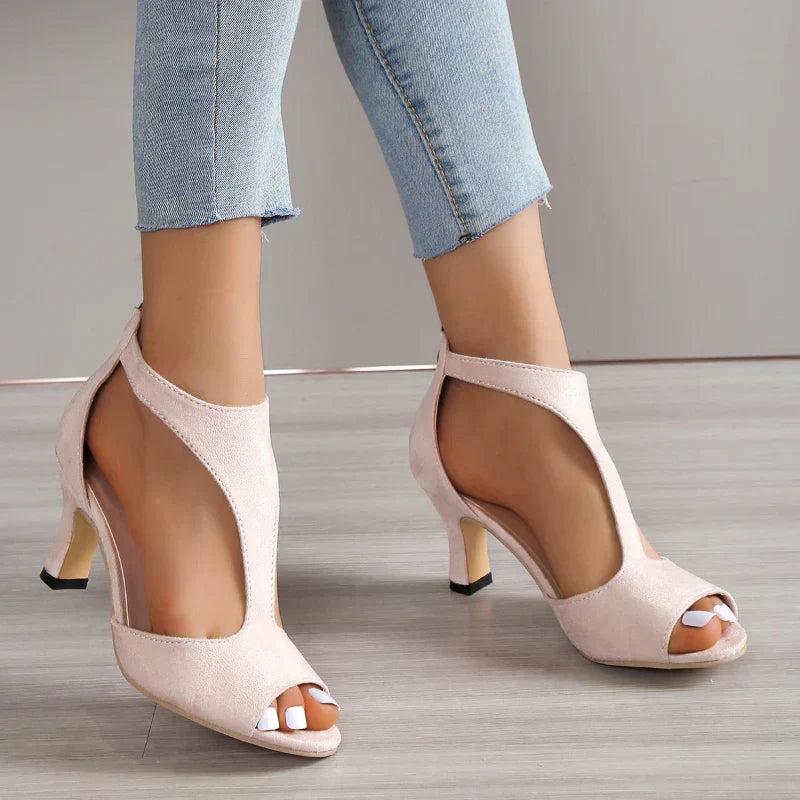 Suede Look Peep Toe Cut Out Block Heel Sandals
