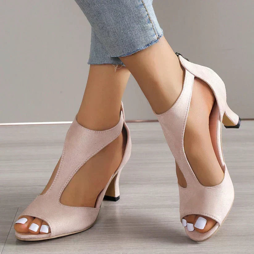 Suede Look Peep Toe Cut Out Block Heel Sandals