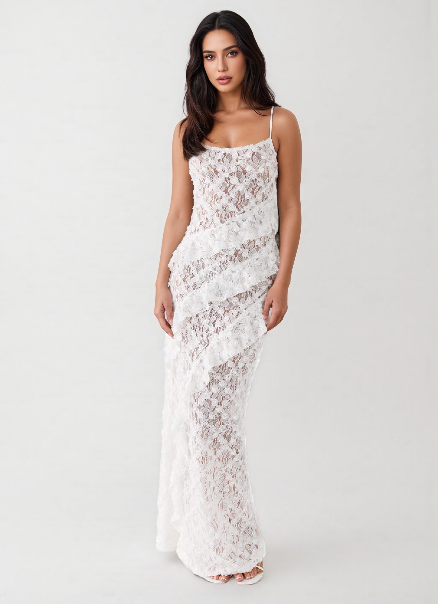 Nevah White Lace Frill Maxi Dress - View 4