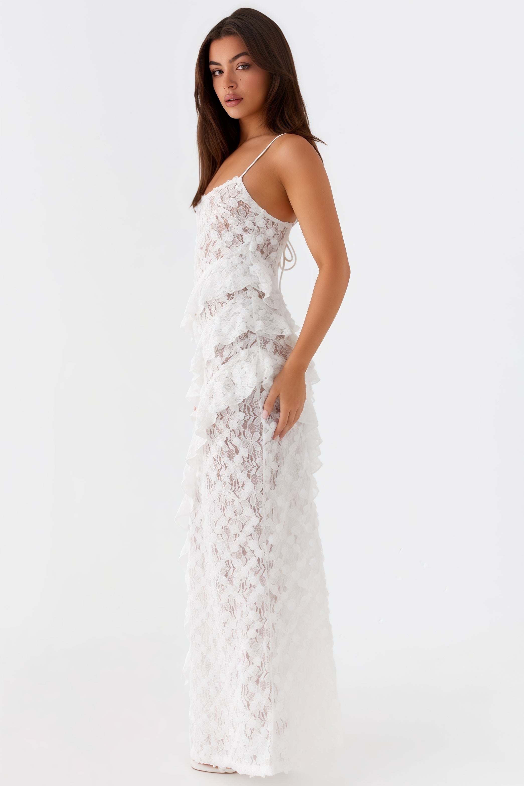 Nevah White Lace Frill Maxi Dress - View 3