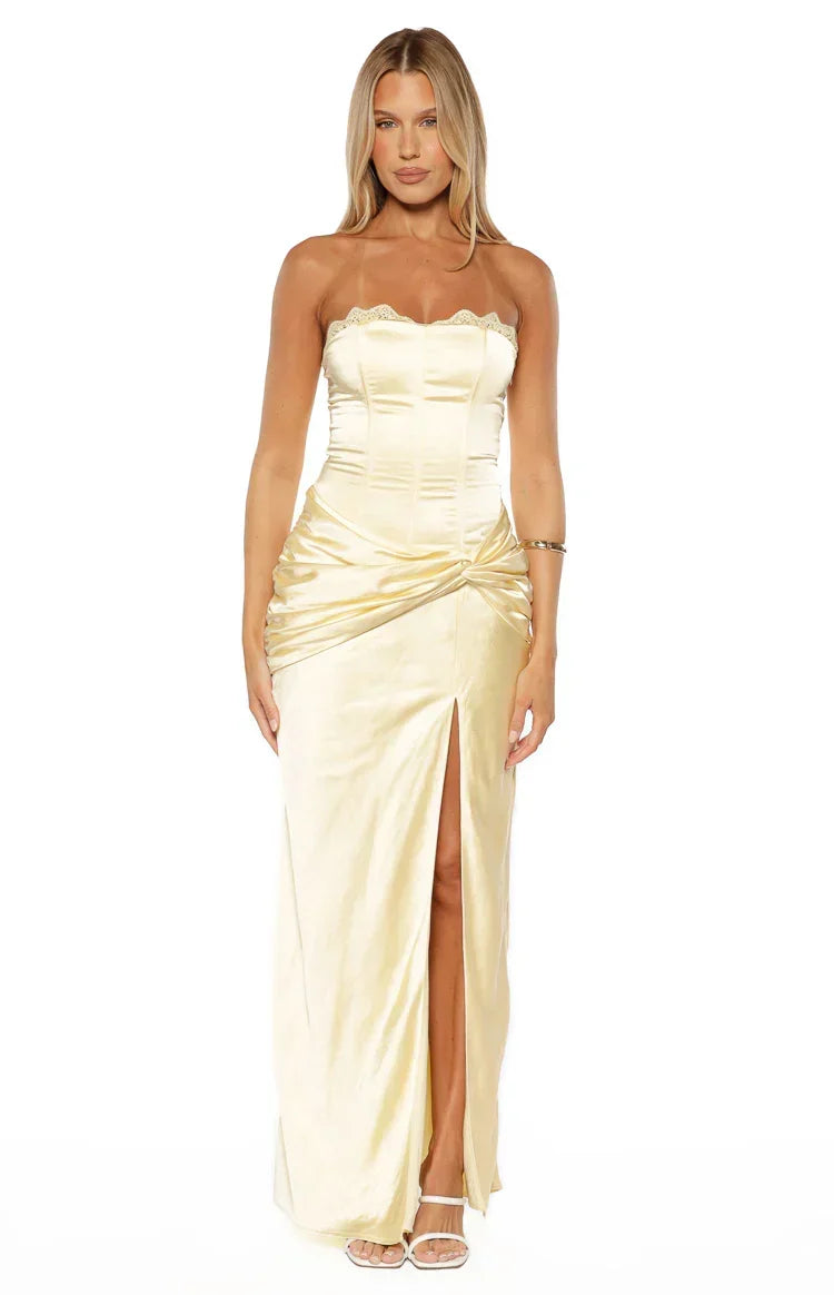 Sasha Yellow Ruched Twist Satin Maxi Dress - PRE ORDER