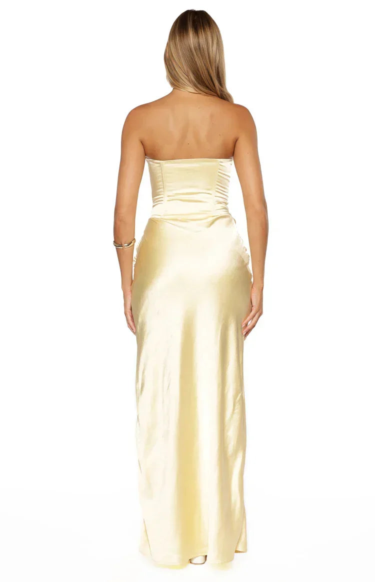 Sasha Yellow Ruched Twist Satin Maxi Dress - PRE ORDER