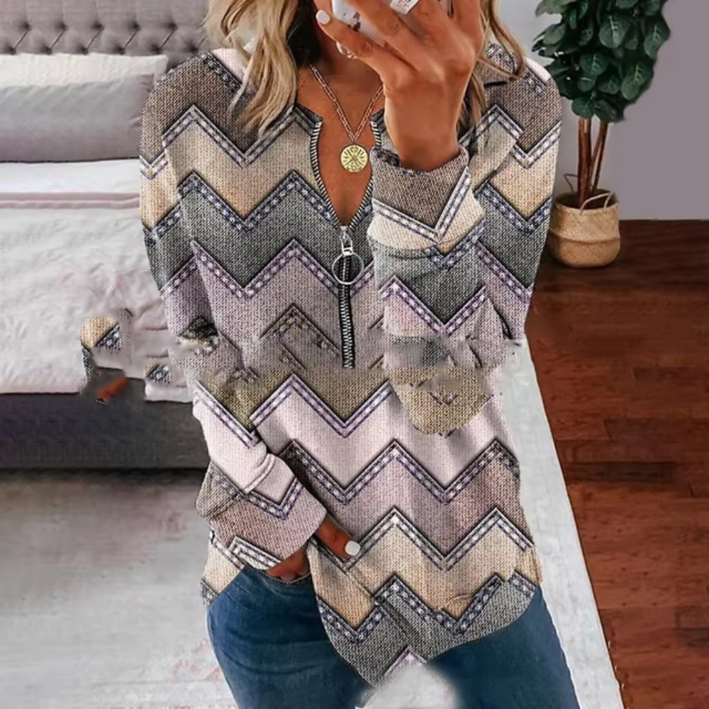 Chevron Zigzag Print Quarter Zip V-Neck Long Sleeve Knit Top