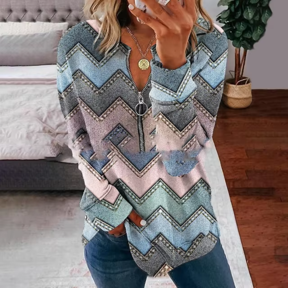 Chevron Zigzag Print Quarter Zip V-Neck Long Sleeve Knit Top