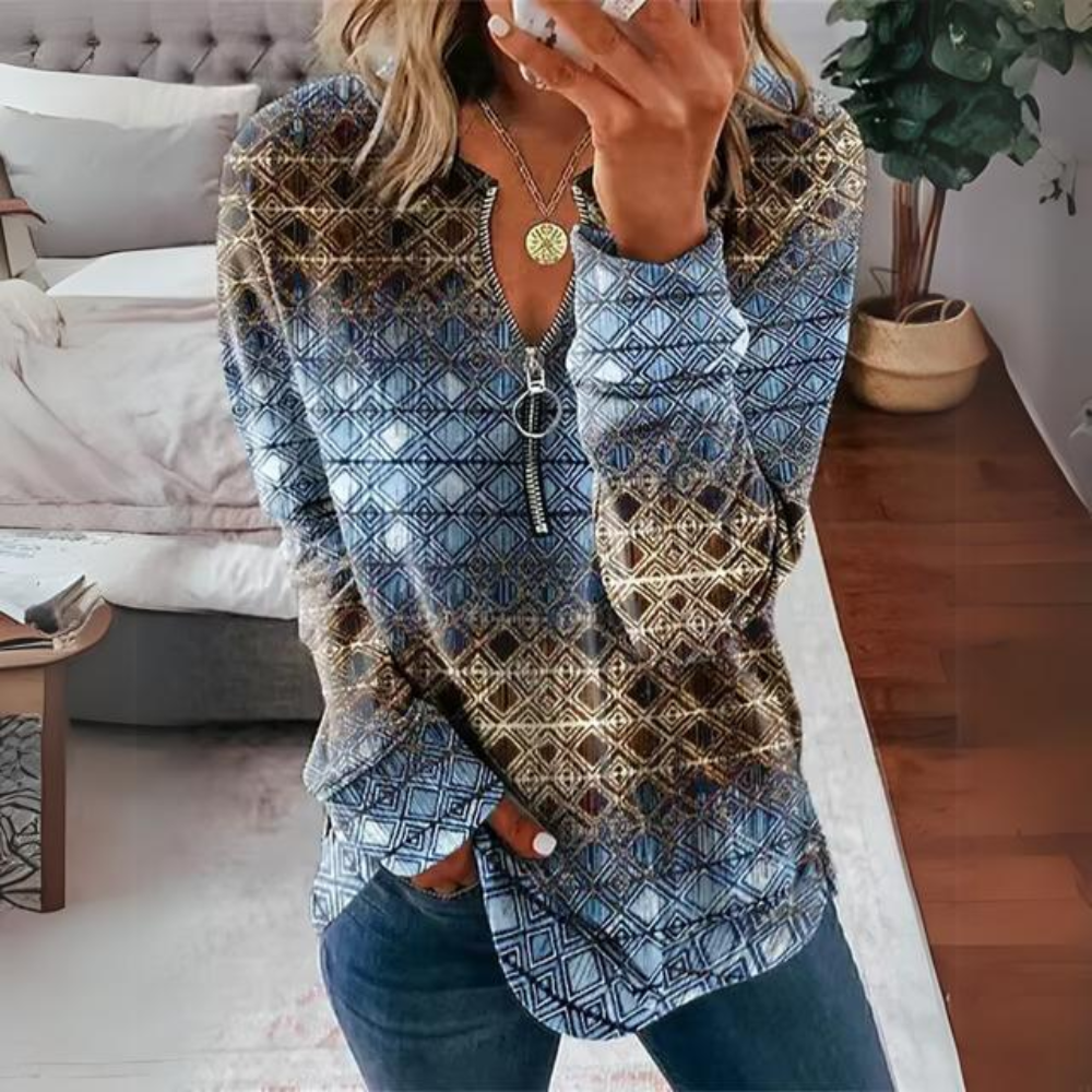 Chevron Zigzag Print Quarter Zip V-Neck Long Sleeve Knit Top