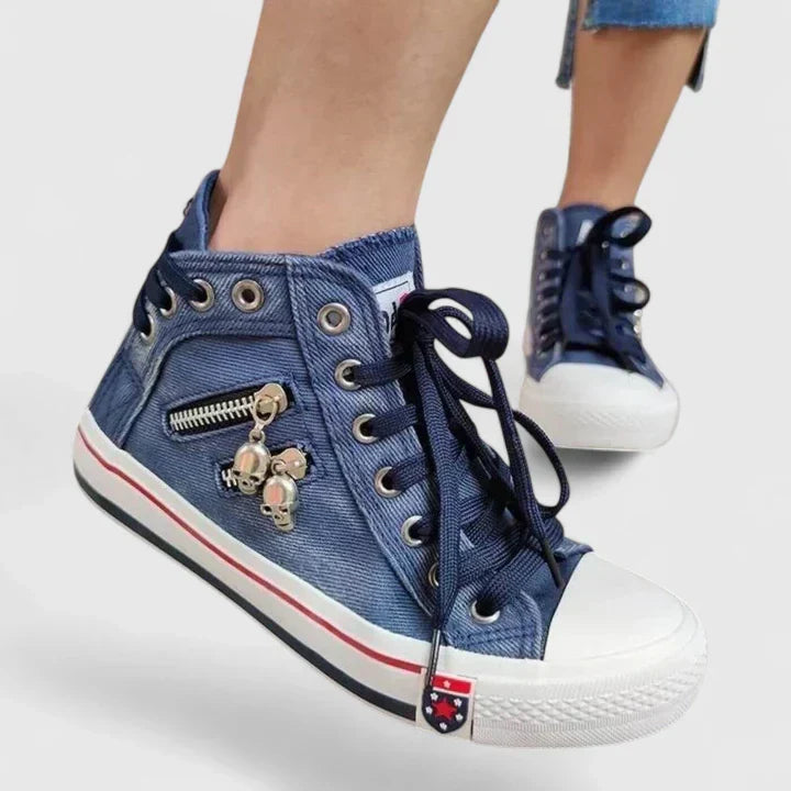 Denim Look Zip Charm Lace Up High Top Sneakers