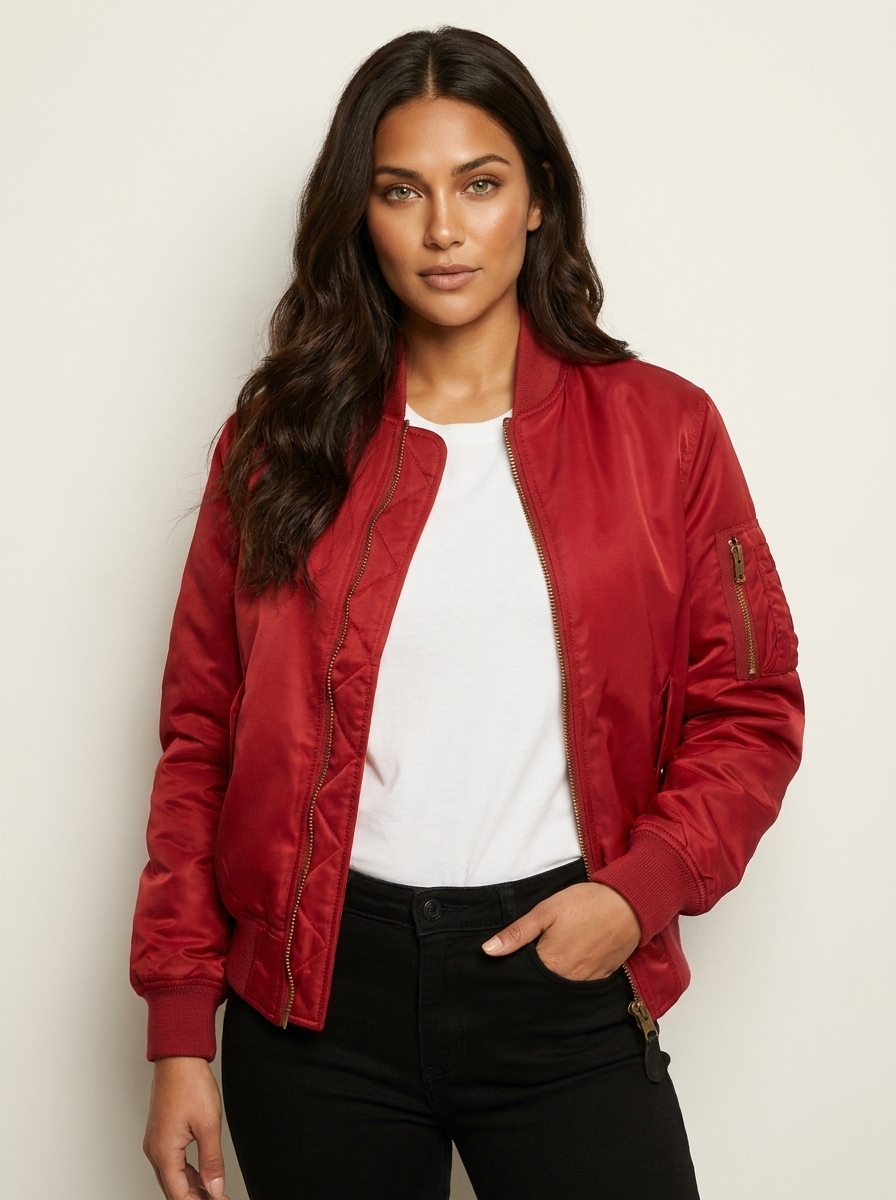 Zip Front Satin Bomber Jacket