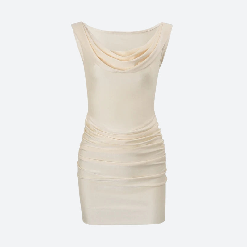 Satin Cowl Neck Cap Sleeve Ruched Bodycon Mini Dress