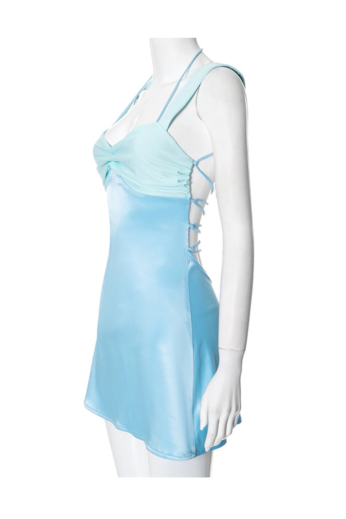 Satin Twisted Bust Dual Strap Lettuce Hem Mini Cami Dress - View 8