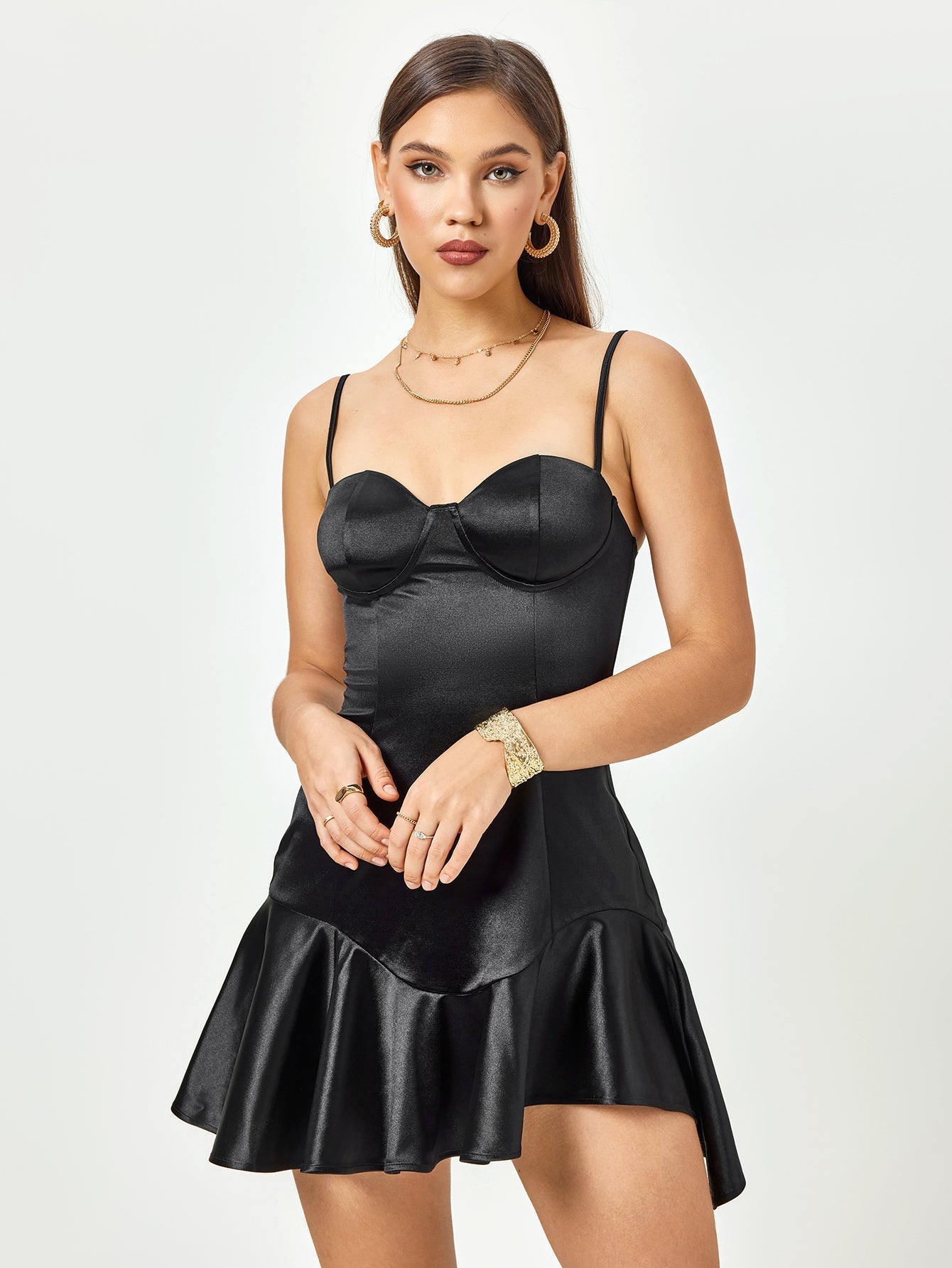 Satin Sweetheart Spaghetti Strap Corset Ruffle Mini Dress