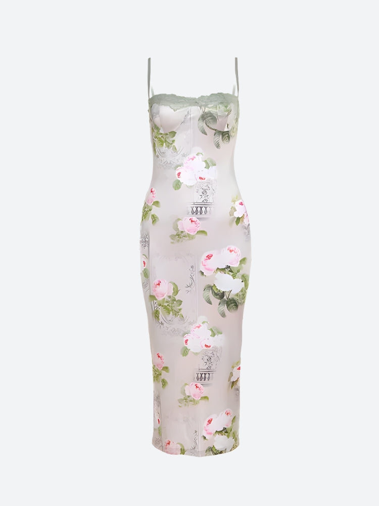 Floral Satin Spaghetti Strap Lace Trim Bodycon Midi Dress