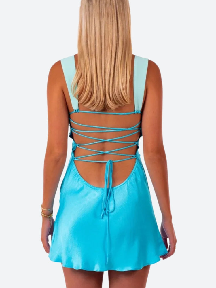 Satin Lace Up Backless Mini Dress in Blue - View 5