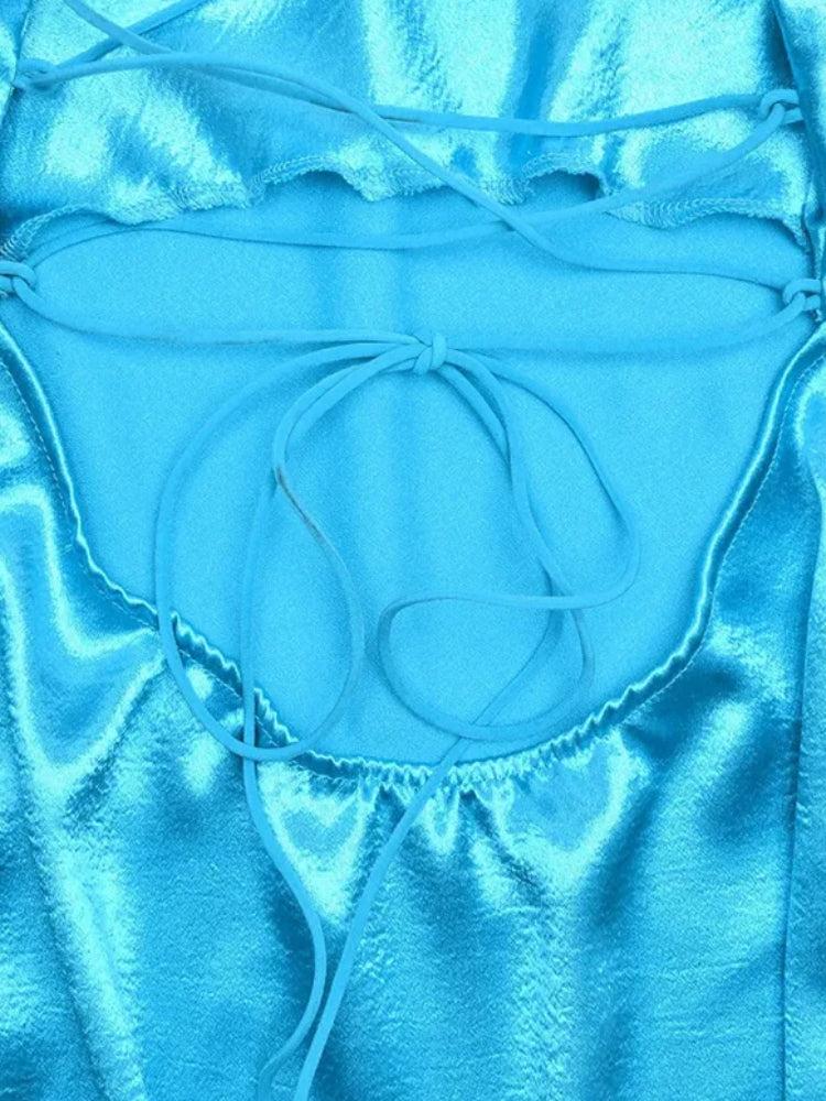 Satin Lace Up Backless Mini Dress in Blue - View 7