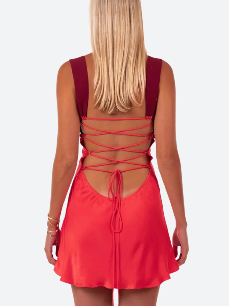 Satin Lace Up Backless Mini Dress in Blue - View 8