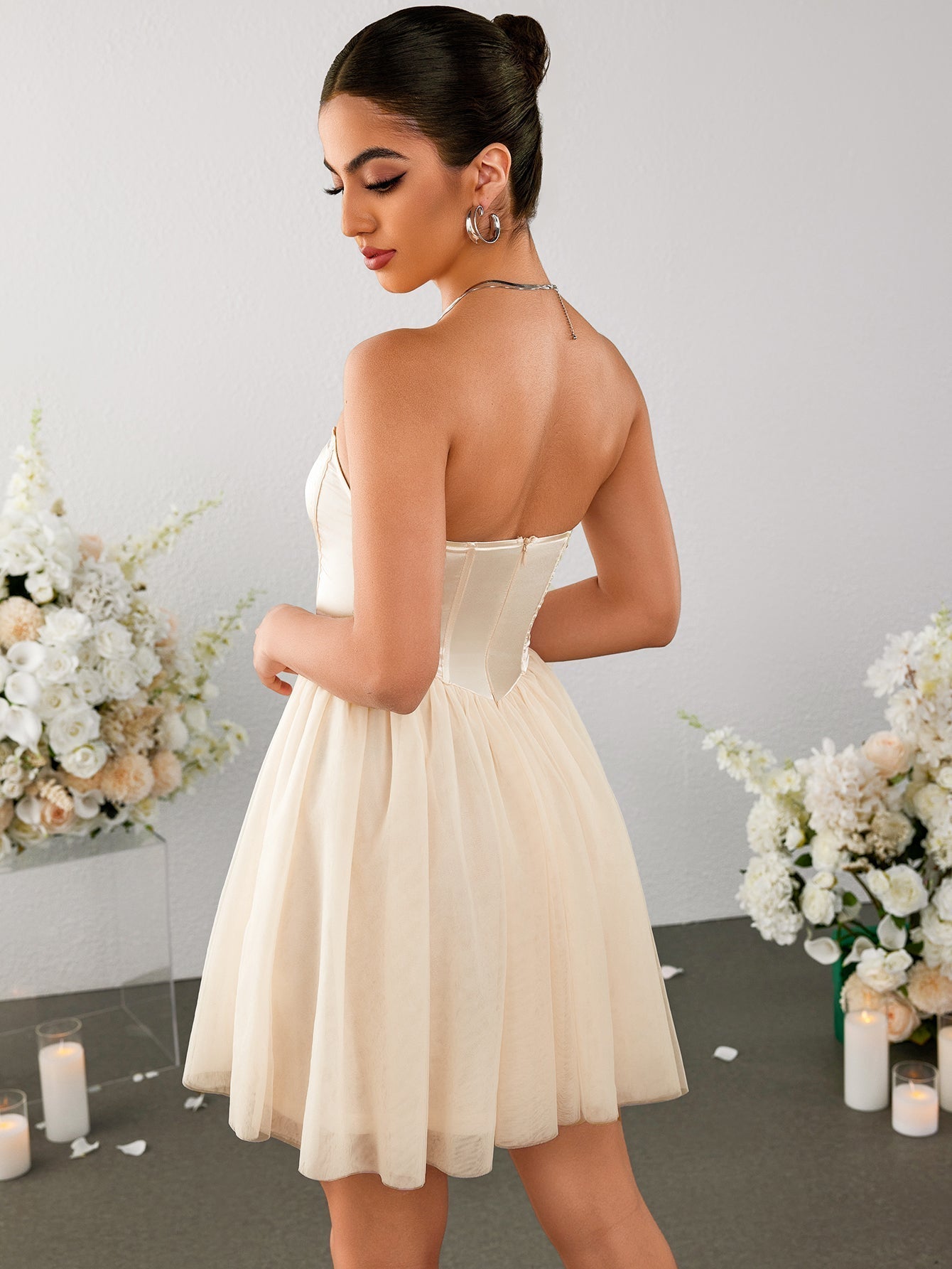 Satin Patchwork Mesh Backless Tube Dress - View 2