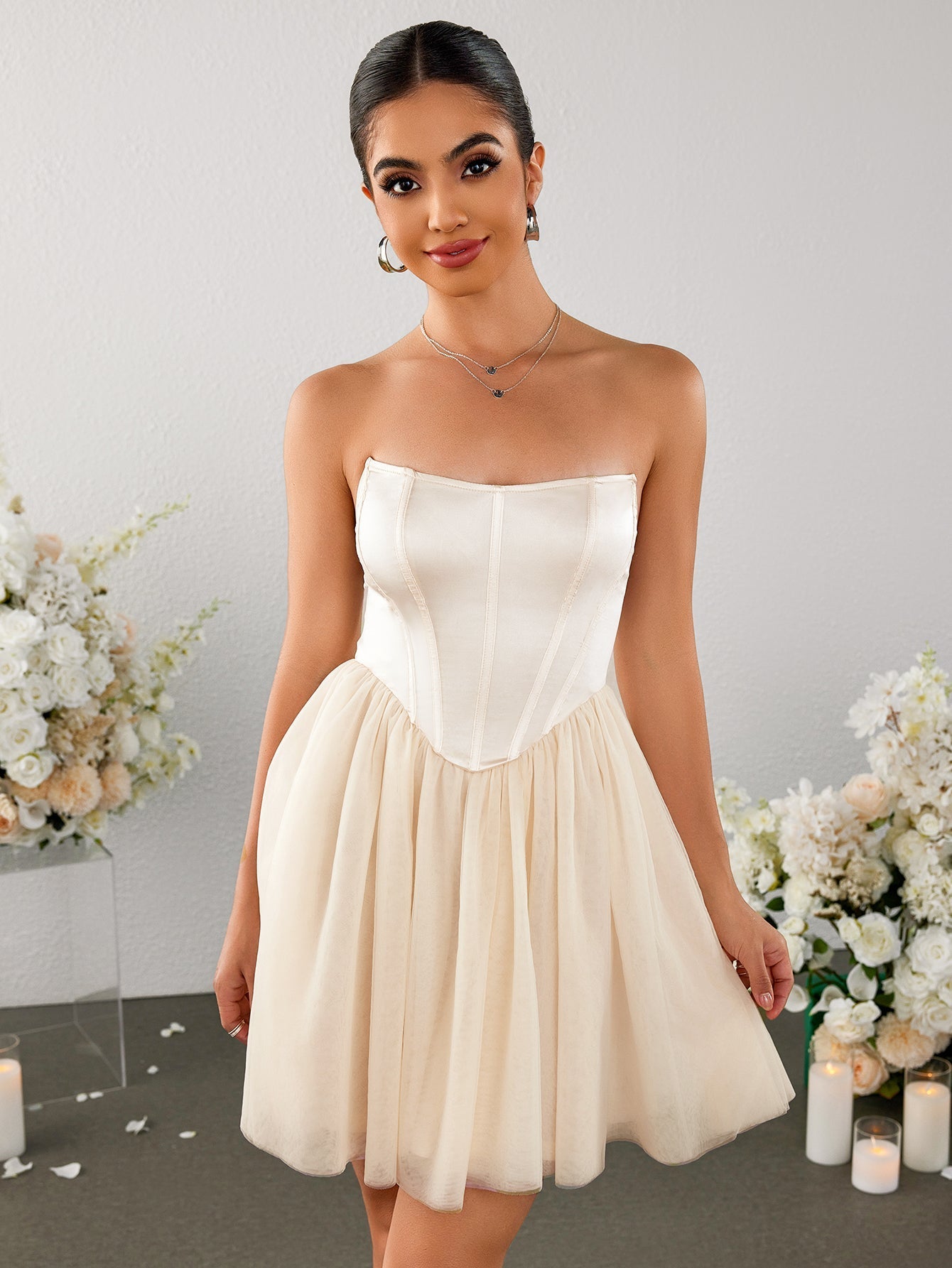 Satin Patchwork Mesh Backless Tube Dress - View 6