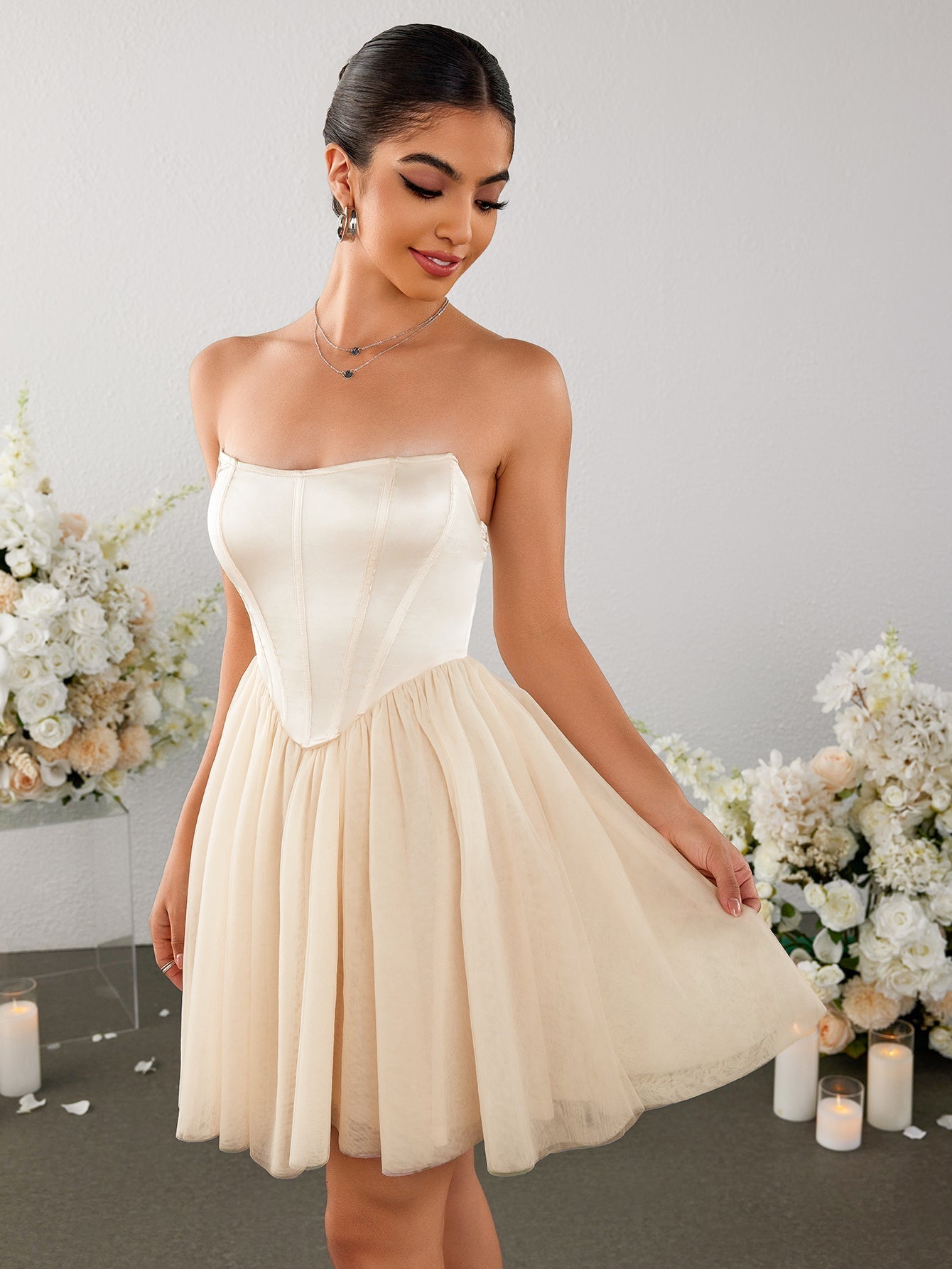 Satin Patchwork Mesh Backless Tube Dress - View 4