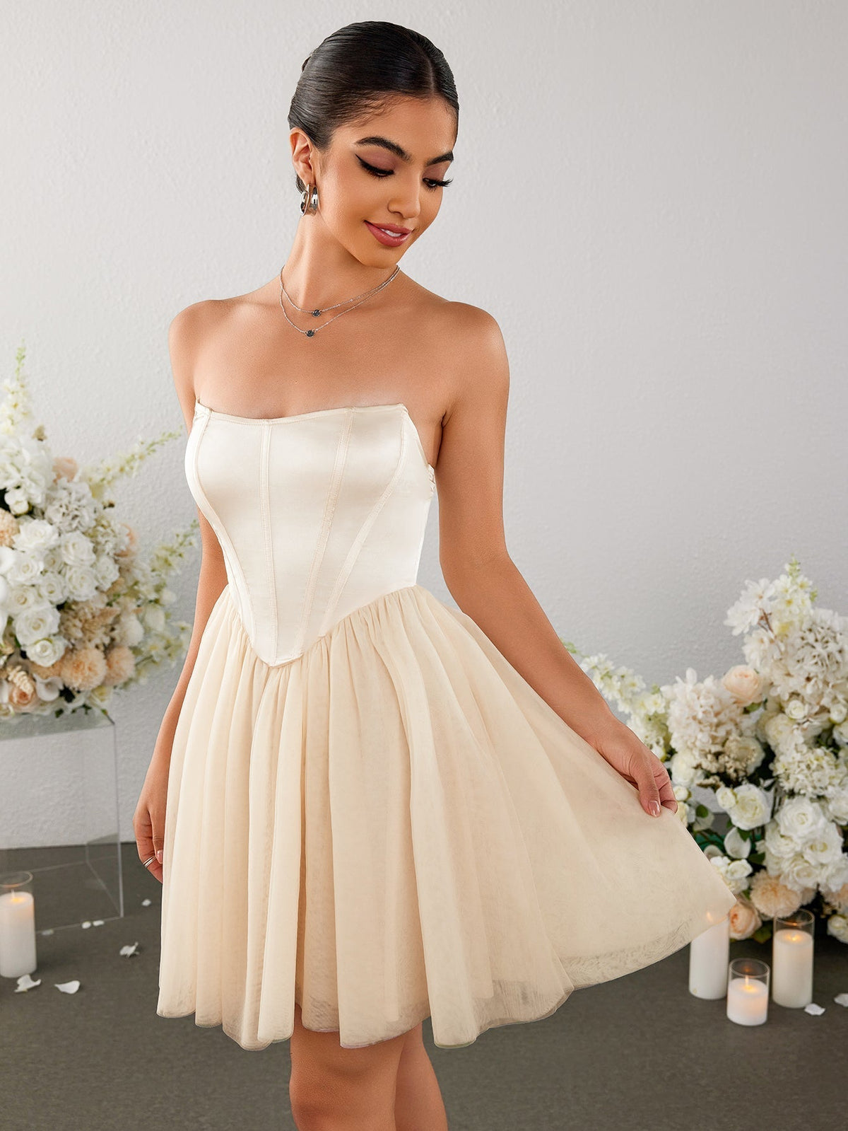 Strapless Satin Corset Bodice Basque Waist Tulle Skirt Mini Dress 4