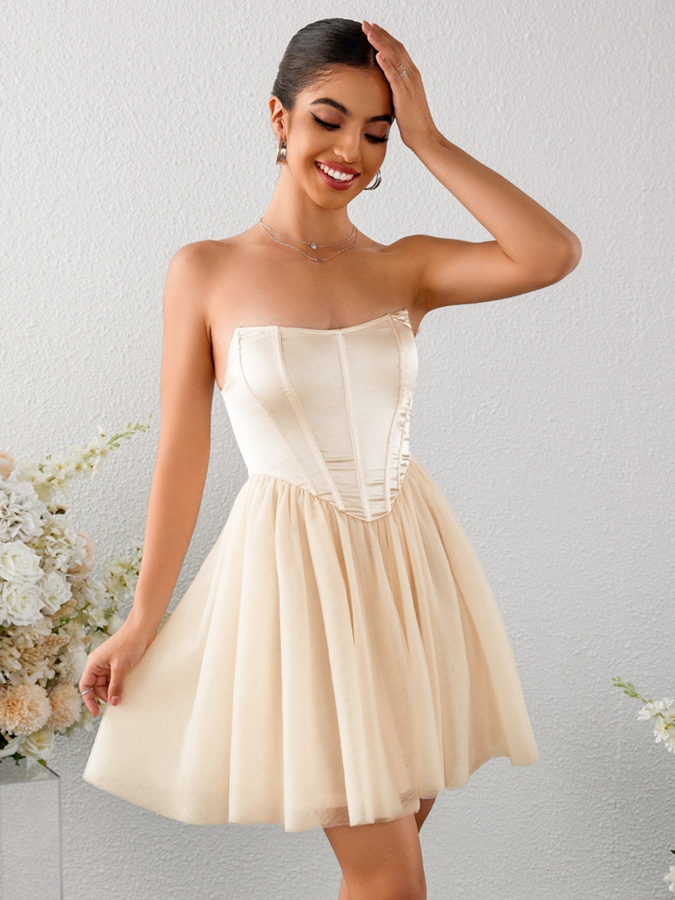 Satin Patchwork Mesh Backless Tube Dress - View 3