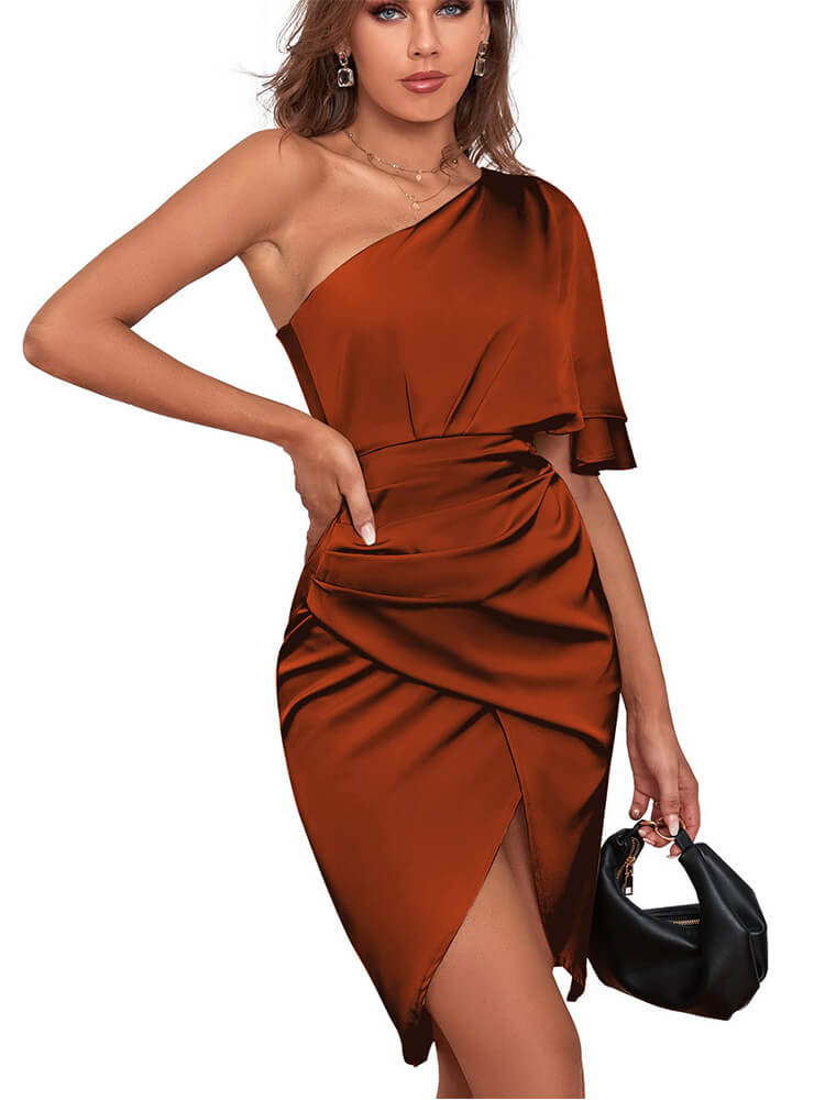 Satin One Shoulder Ruched Wrap Front High Split Bodycon Midi Dress