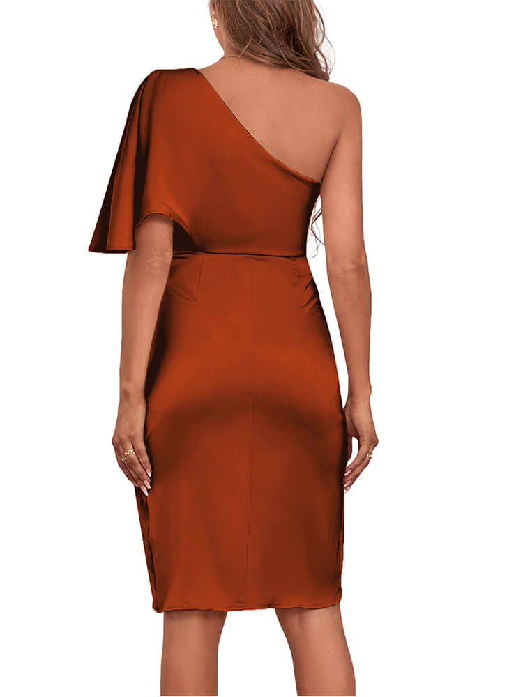 Satin One Shoulder Ruched Wrap Front High Split Bodycon Midi Dress