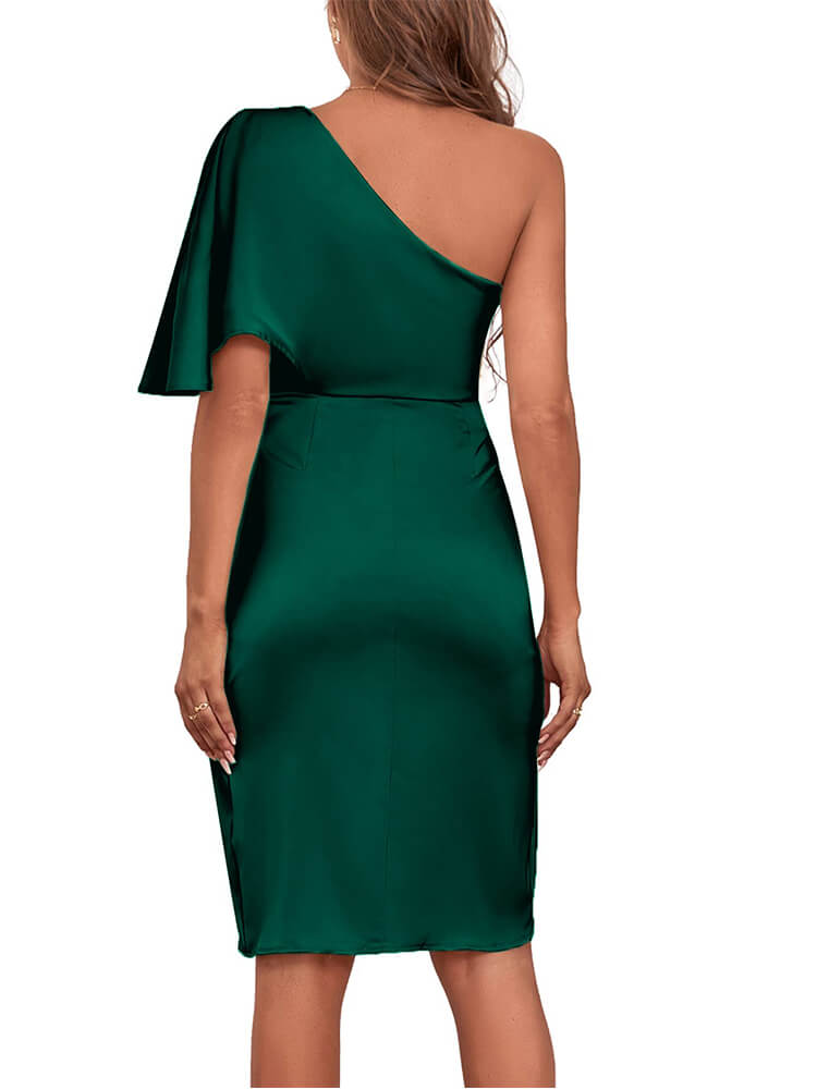 Satin One Shoulder Ruched Wrap Front High Split Bodycon Midi Dress