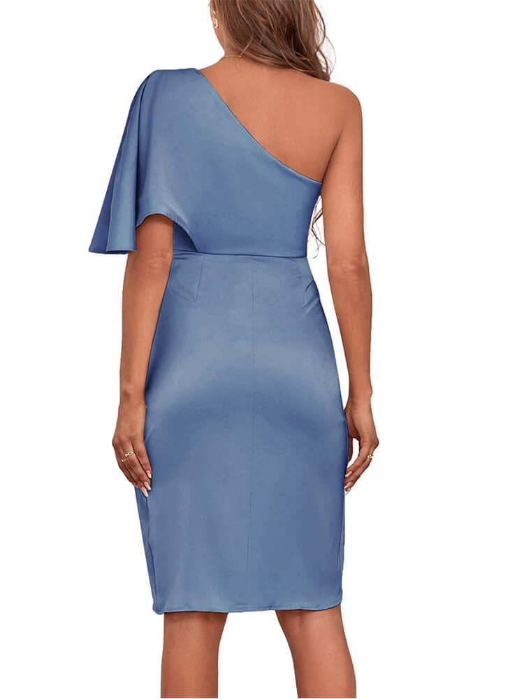 Satin One Shoulder Ruched Wrap Front High Split Bodycon Midi Dress