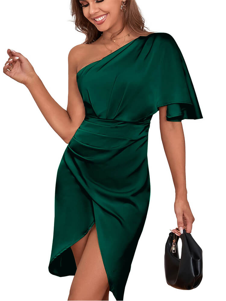 Satin One Shoulder Ruched Wrap Front High Split Bodycon Midi Dress
