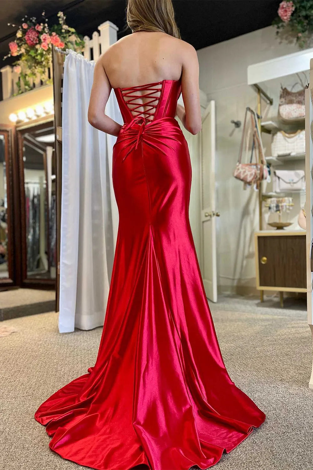 Satin Royal Blue Mermaid Strapless Lace Up Long Prom Dress With Split