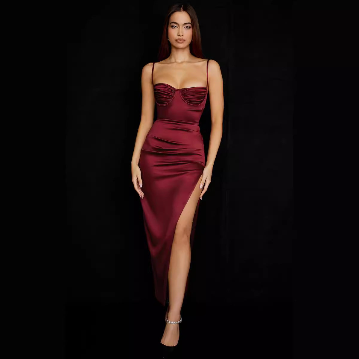 Satin Spaghetti Strap Sweetheart Corset Ruched High Split Maxi Gown