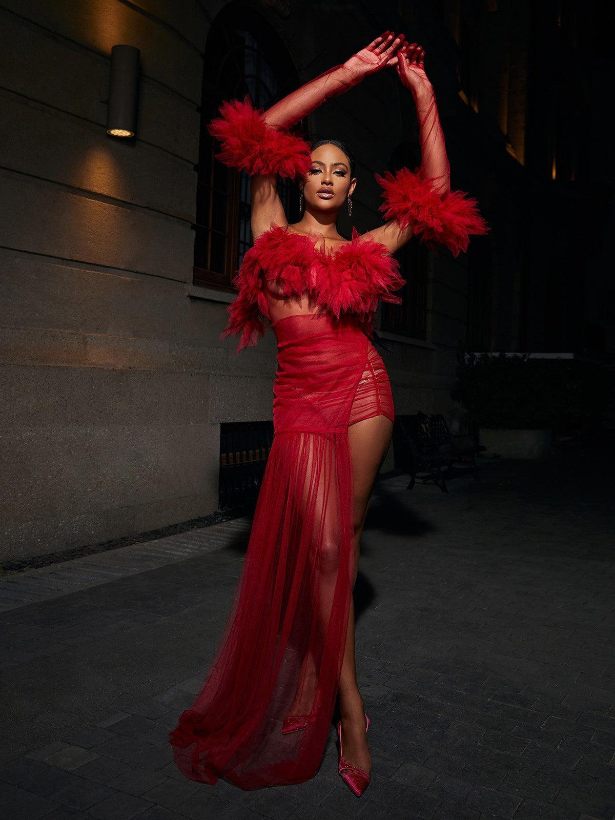 Spaghetti Tulle Maxi Dress With Gloves - View 2