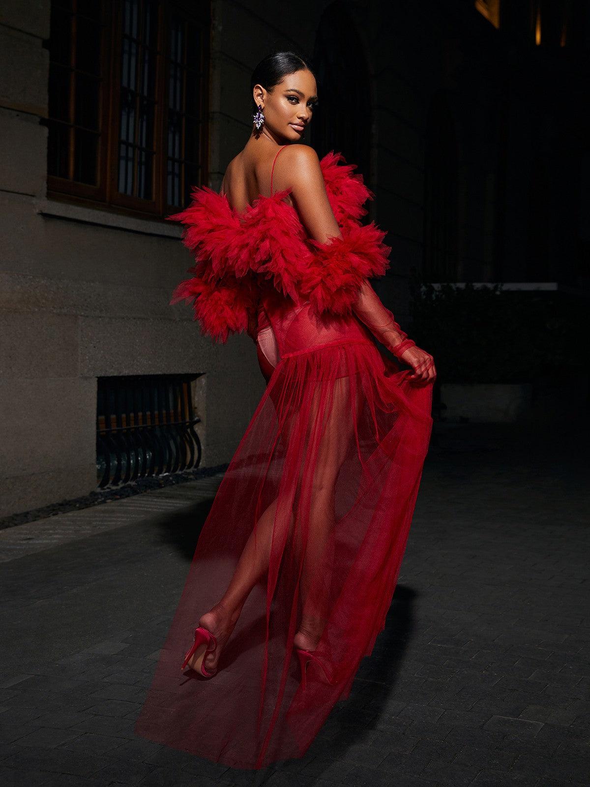 Satine Spaghetti Tulle Maxi Dress With Gloves 4