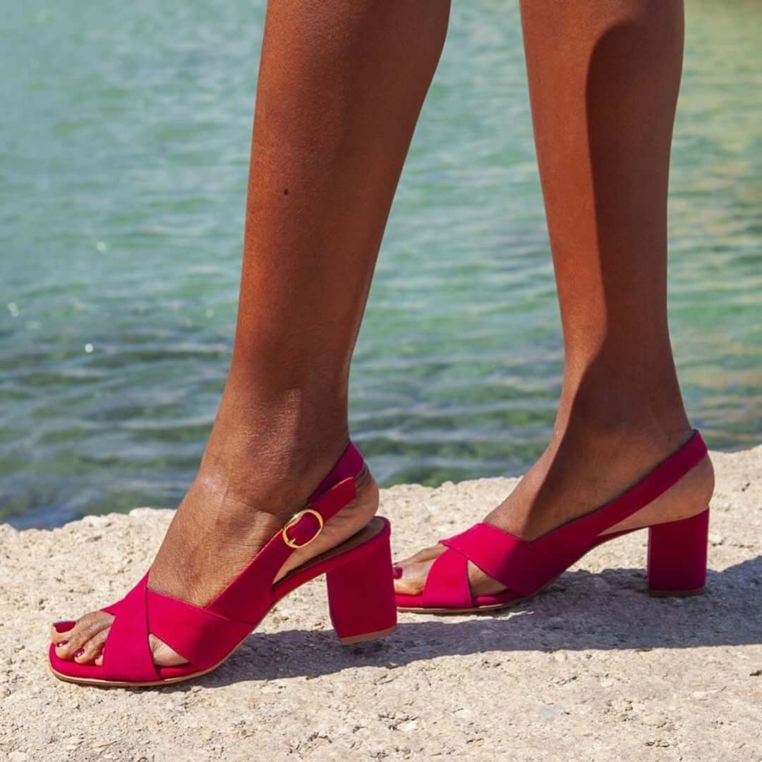Suede-Look Open Toe Cross Strap Slingback Block Heel Sandals