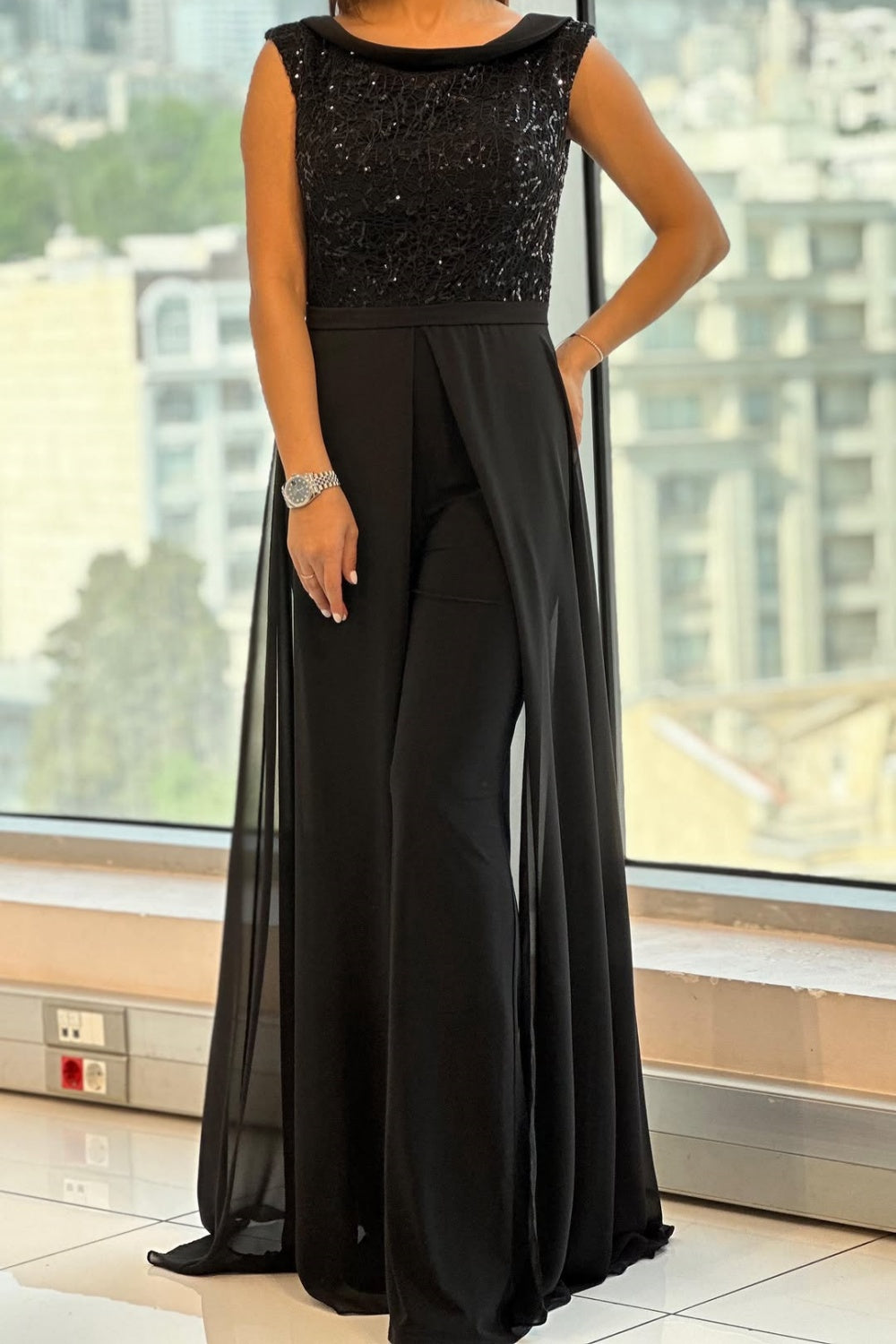 Sequin Bodice Sleeveless Chiffon Overlay Wide Leg Jumpsuit