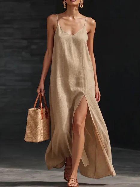 V-Neck Spaghetti Strap High Split Linen Look Maxi Dress