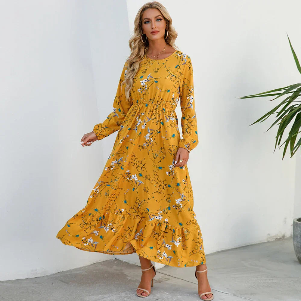 Floral Long Sleeve Tiered Ruffle Boho Maxi Dress