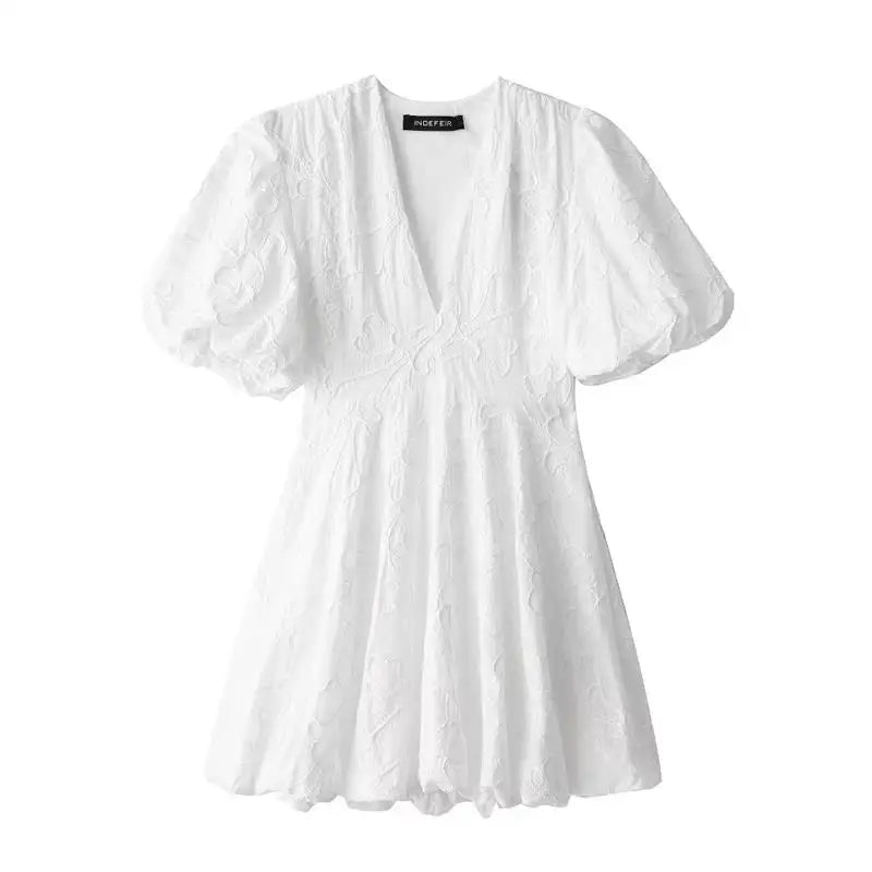Floral Emboss Puff Sleeve Deep V-Neck Fit and Flare Mini Dress