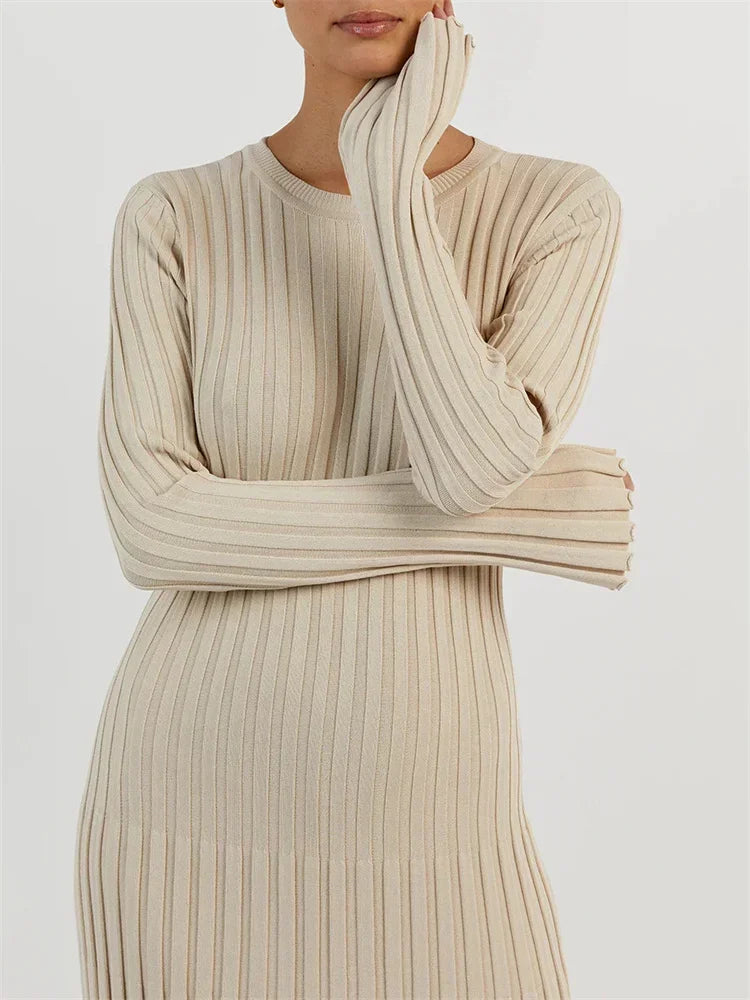 Ribbed Knit Mock Neck Bell Sleeve Bodycon Maxi Dress